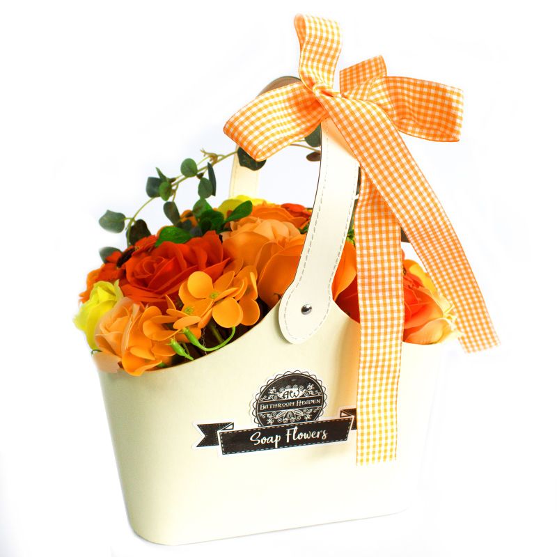 Seifenblumenbouquet in Korb - orange