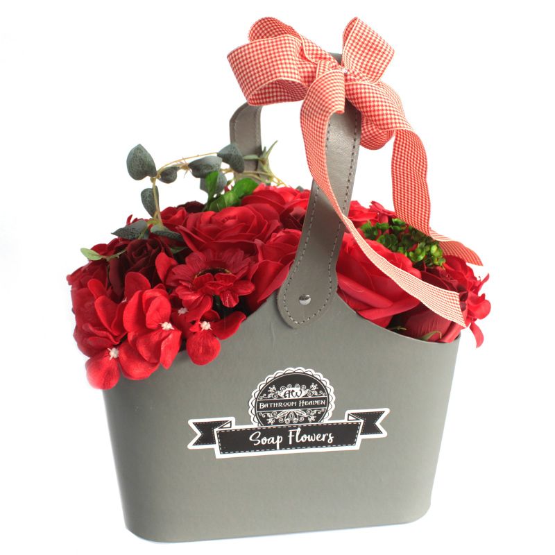 Seifenblumenbouquet in Korb - rot