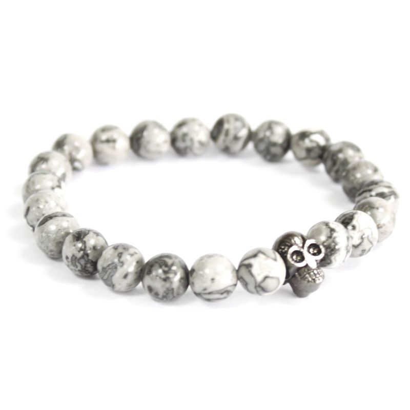 Zinn-Schädel / grauer Achat - Edelstein Armband