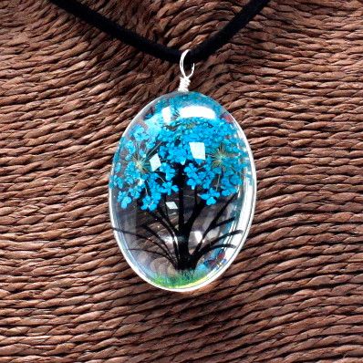 Schmuck mit gepr. Blumen - Baum des Lebens Set - Blaugrün