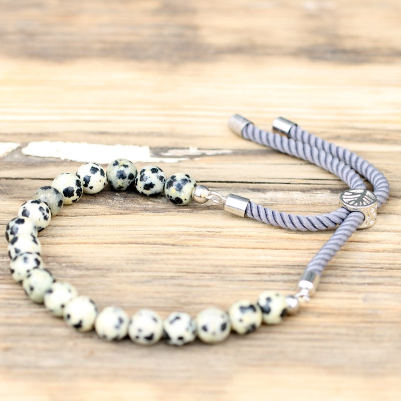 925 Versilbert Edelstein  Schnurarmband - Dalmatiner Jaspis