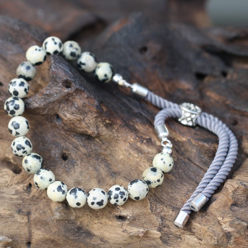 925 Versilbert Edelstein  Schnurarmband - Dalmatiner Jaspis