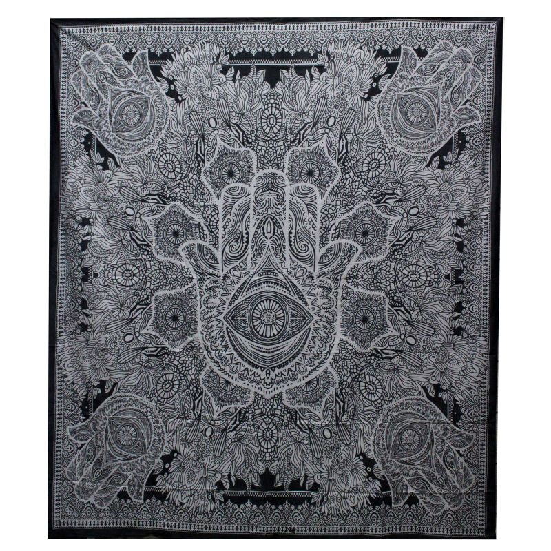 B&W Doppelte Tagesdecke aus Baumwolle / Wandbehang - Hamsa