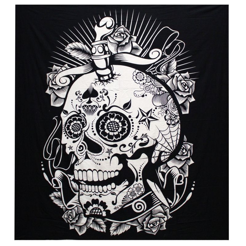 B&W Doppelte Tagesdecke aus Baumwolle / Wandbehang - Rose Skull
