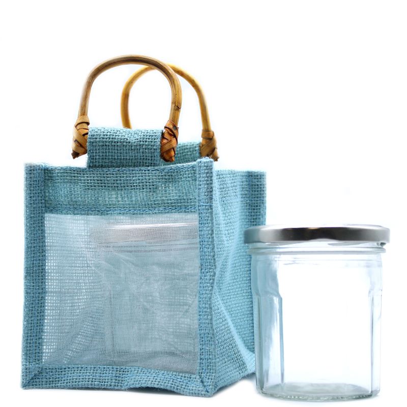 Geschenktasche aus Jute mit Baumwoll-Fenster  - klein 'blaugrün'