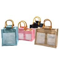 Geschenktasche aus Jute mit Baumwoll-Fenster  - klein 'blaugrün'