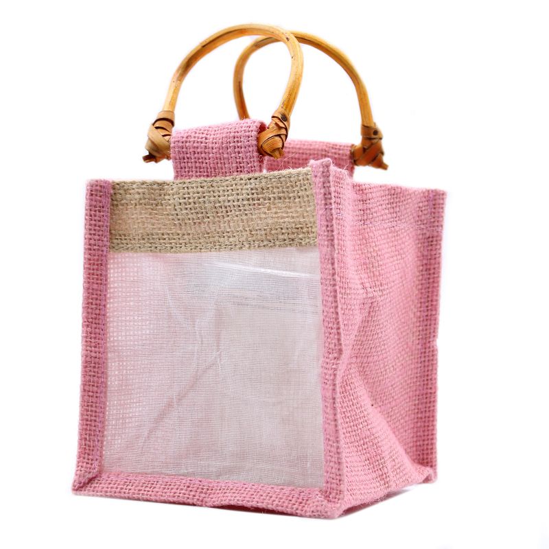 Geschenktasche aus Jute mit Baumwoll-Fenster  - klein 'rosa/natur'