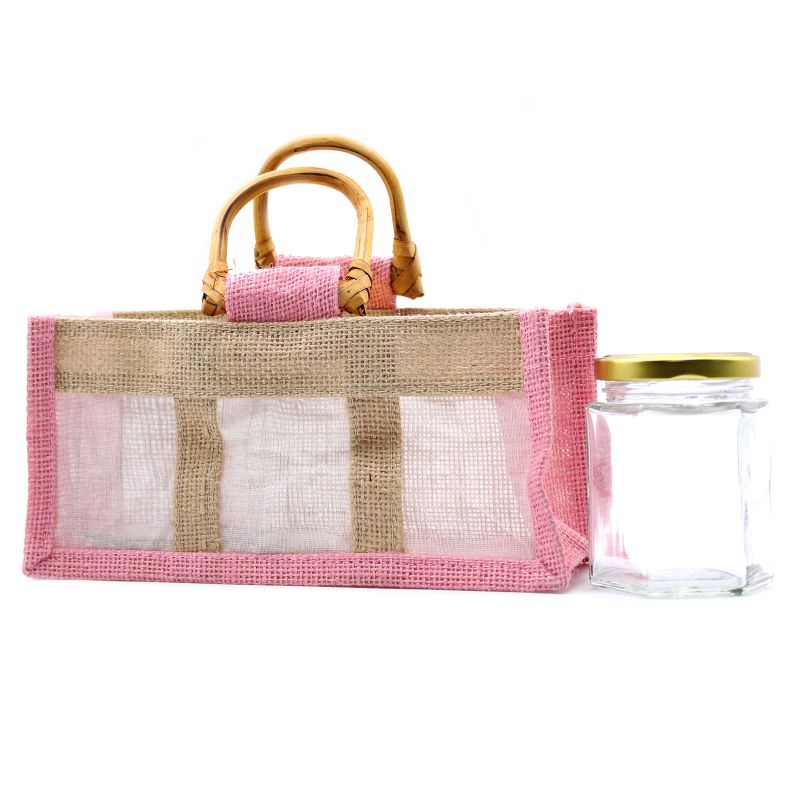 Geschenktasche aus Jute mit Baumwoll-Fenster  - groß 'rosa/natur'