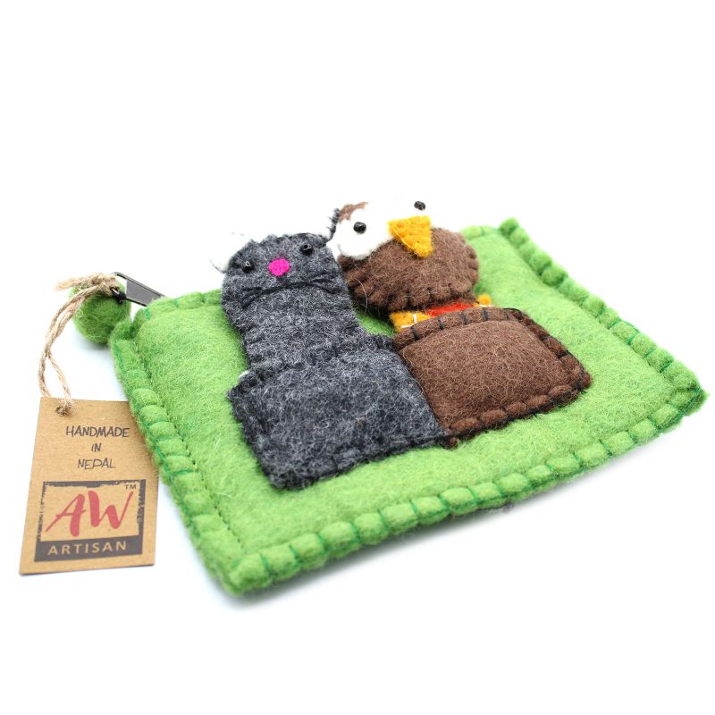 Filzbeutel mit Fingerpuppen 'Eule & Katze'