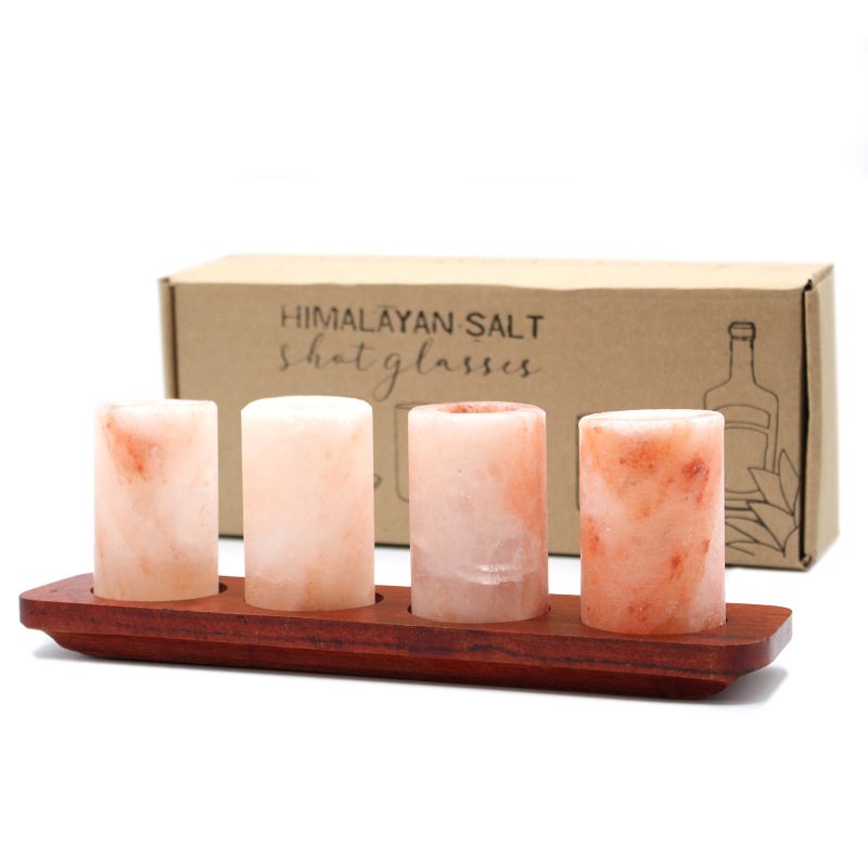 4x Salz - Shotgläser & Holzserviertablett