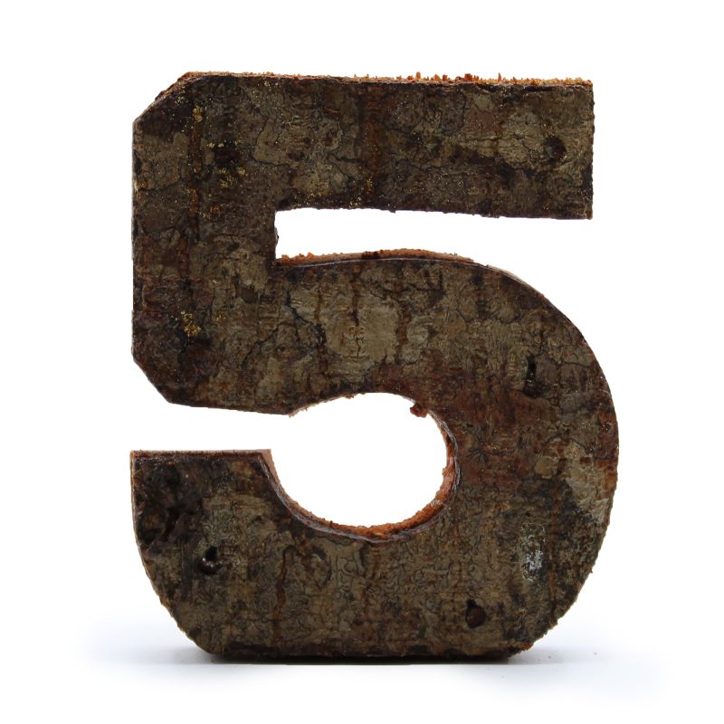 Rustic Bark Number - "5" (12) - Small 7cm