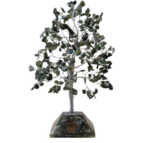 Edelstein-Baum mit Orgonit-Basis - 320 Steine - Moosachat