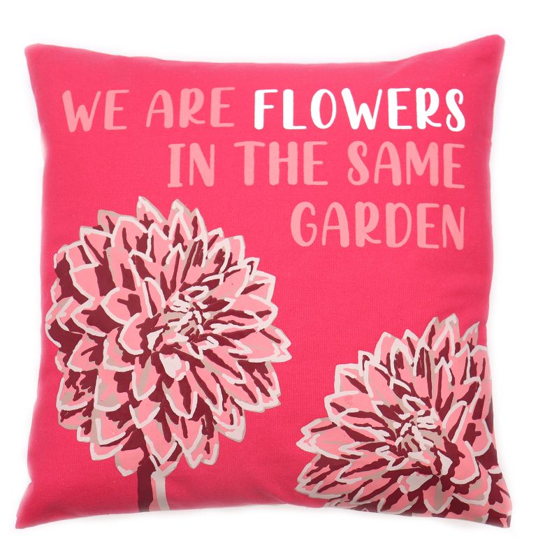 Bedruckter Kissenbezug aus Baumwolle – Wir sind Blumen – Oliv, Rosa und Natur