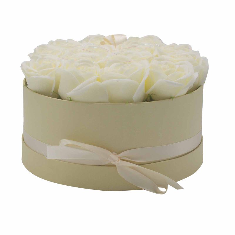 Seifenblumen-Geschenk-Blumenstrauß- 14 Cremefarbene Rosen - Rund