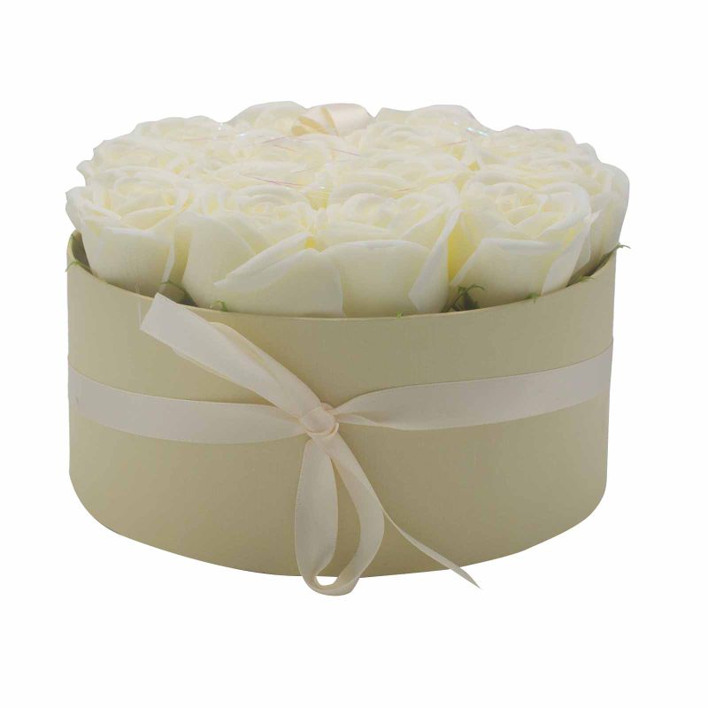 Seifenblumen-Geschenk-Blumenstrauß- 14 Cremefarbene Rosen - Rund