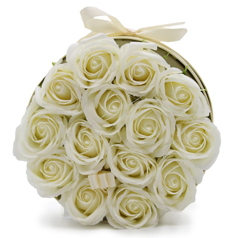 Seifenblumen-Geschenk-Blumenstrauß- 14 Cremefarbene Rosen - Rund