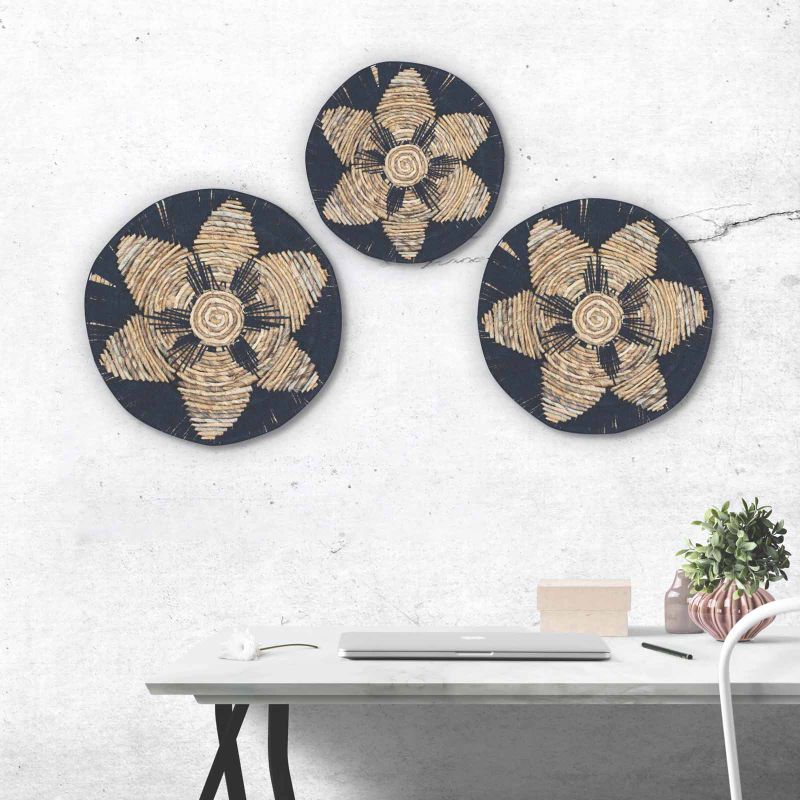 Set aus drei Schalen aus Seegras, Wandkunst, Schwarz