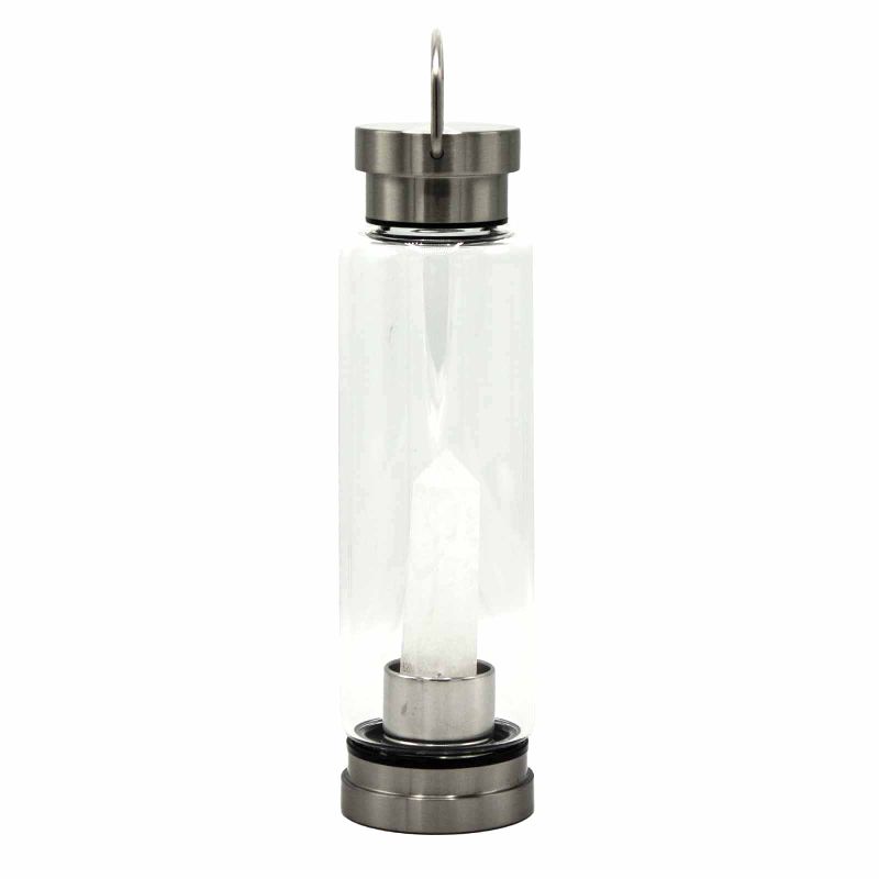 Glas-Wasserflasche mit Kristallinfusion – Reinigender Klarquarz – Obelisk