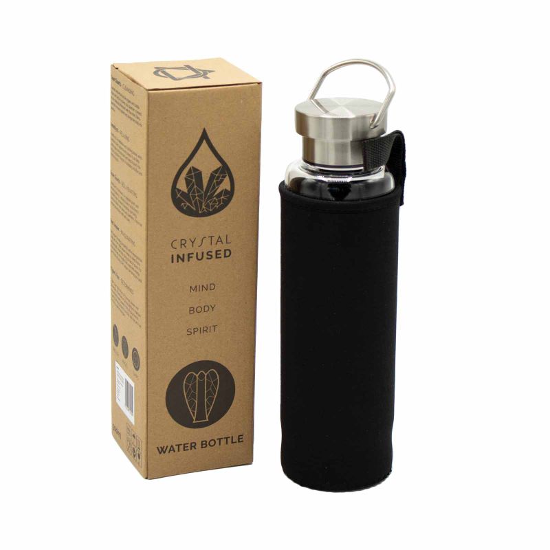 Glas-Wasserflasche mit Kristallinfusion – Reinigender Klarquarz – Obelisk