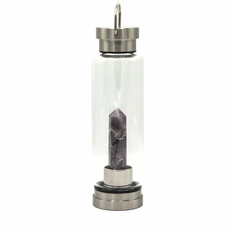 Glas-Wasserflasche mit Kristallinfusion - Beruhigender Amethyst - Obelisk