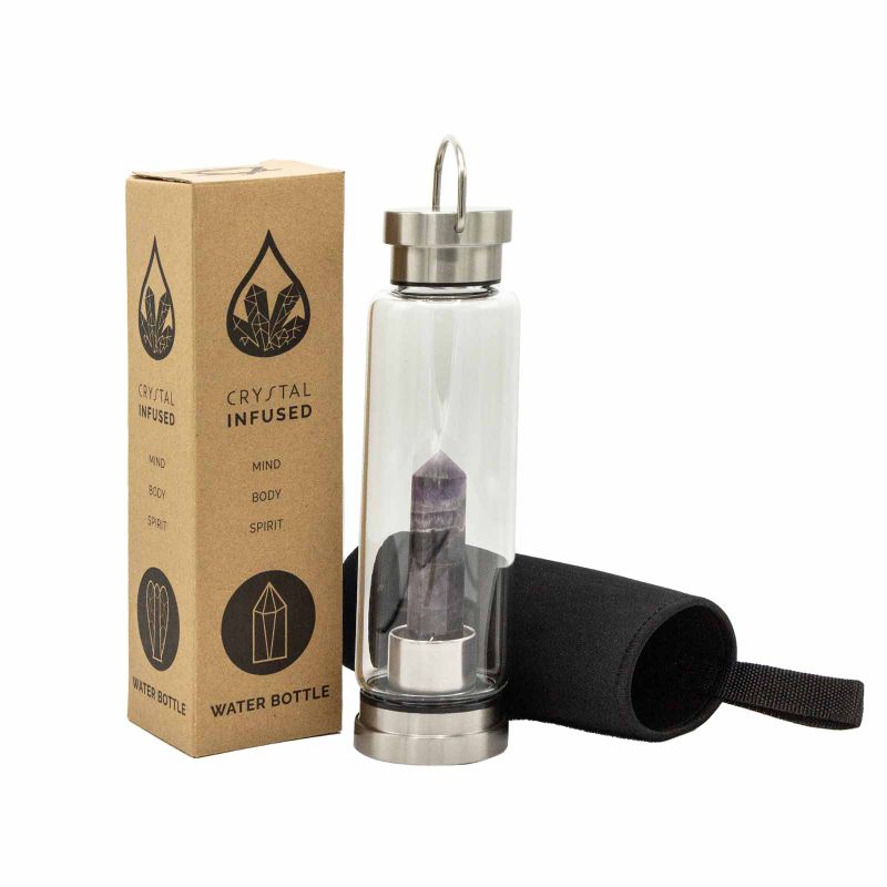 Glas-Wasserflasche mit Kristallinfusion - Beruhigender Amethyst - Obelisk