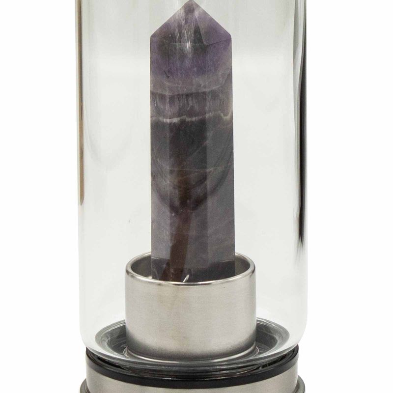 Glas-Wasserflasche mit Kristallinfusion - Beruhigender Amethyst - Obelisk