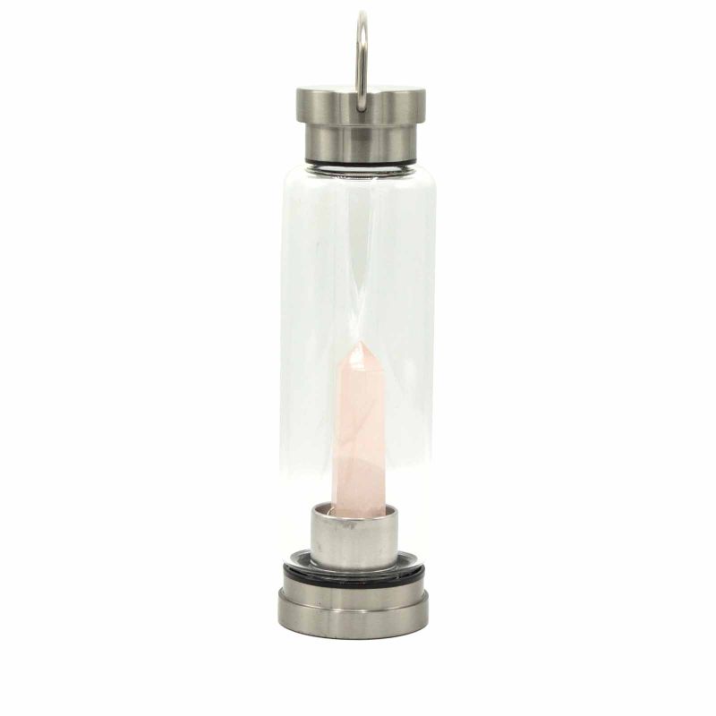 Kristallinfundierte Glas-Wasserflasche - Belebender Rosenquarz - Obelisk