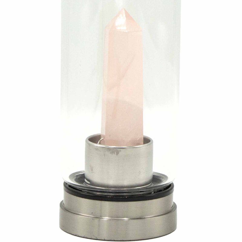 Kristallinfundierte Glas-Wasserflasche - Belebender Rosenquarz - Obelisk