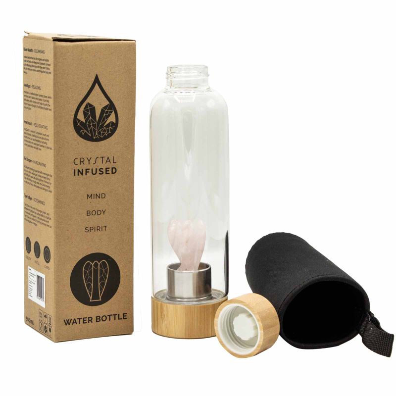 Kristallinfundierte Glas-Wasserflasche - Verjüngender Rosenquarz - Engel