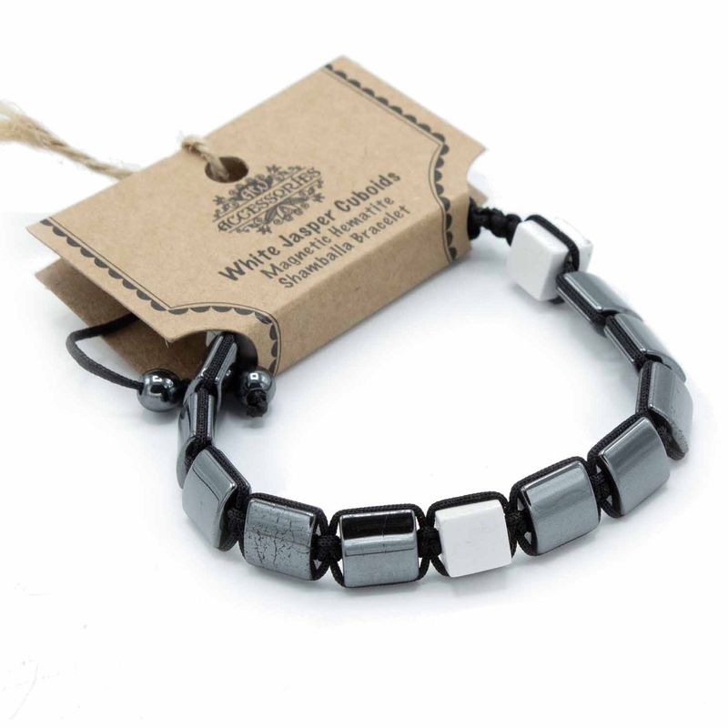 Magnetisches Hämatit Shamballa Armband - Weiße Jaspisquader