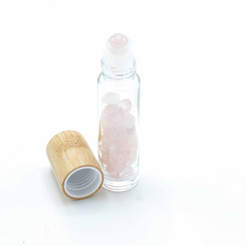 Edelstein-Rollerflasche für ätherische Öle – Rosenquarz – Holzverschluss