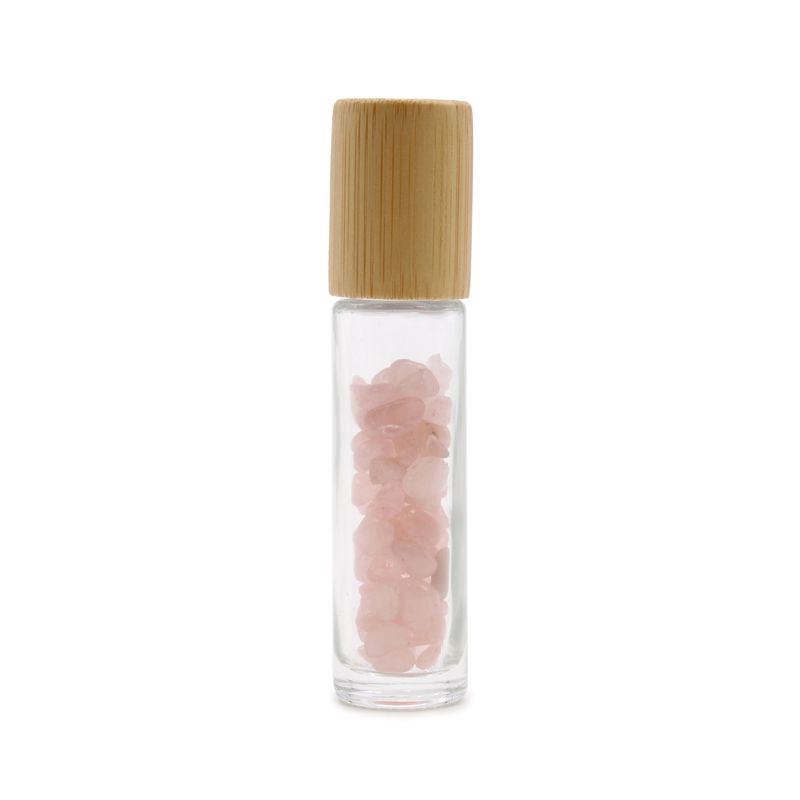 Edelstein-Rollerflasche für ätherische Öle – Rosenquarz – Holzverschluss