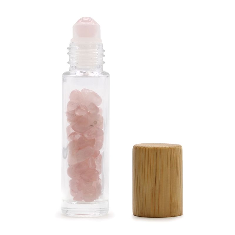 Edelstein-Rollerflasche für ätherische Öle – Rosenquarz – Holzverschluss