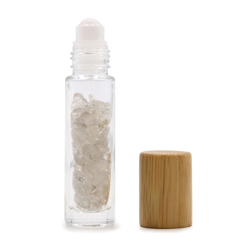 Edelstein-Rollerflasche für ätherische Öle – Bergquarz – Holzverschluss