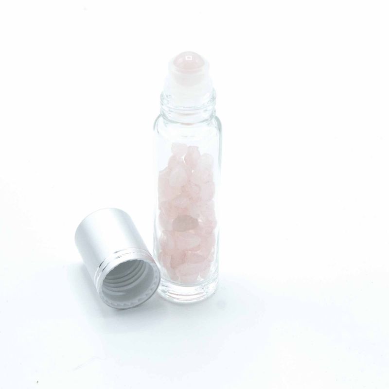 Edelstein-Rollerflasche für ätherische Öle – Rosenquarz – Silber Kappe