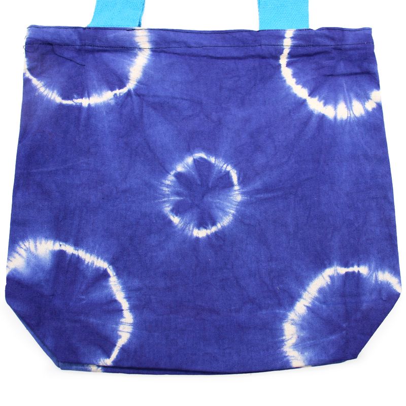 Natürliche Batik-Baumwolltasche  (8 oz) - 38x42x12cm - Blaue Ringe - Blauer Griff