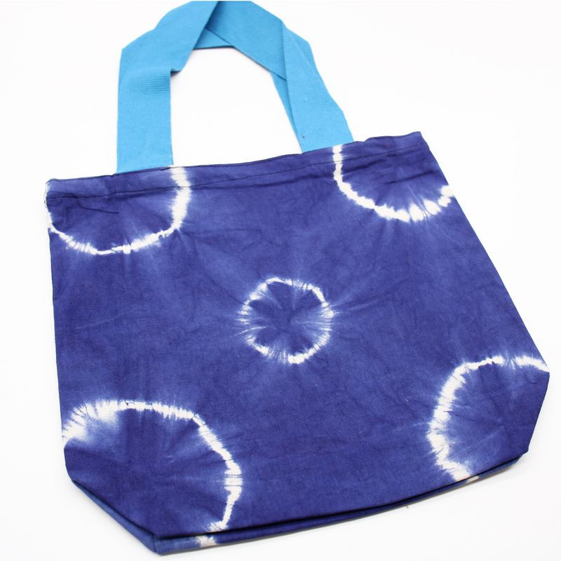 Natürliche Batik-Baumwolltasche  (8 oz) - 38x42x12cm - Blaue Ringe - Blauer Griff