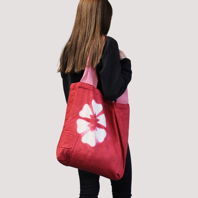 Natürliche Batik-Baumwolltasche (8oz) - 38x42x12cm - Kastanienbraune Ringe - Rosa Griff