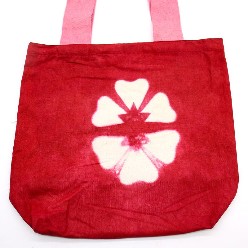 Natürliche Batik-Baumwolltasche  (8oz) - 38x42x12cm - Kastanienbraune Blume - Rosa Griff