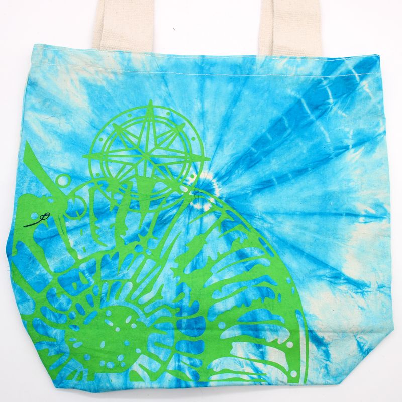Batik-Baumwollbeutel (6oz) – 38x42x12cm – Muschel – Blau/Grün – Grüner Griff