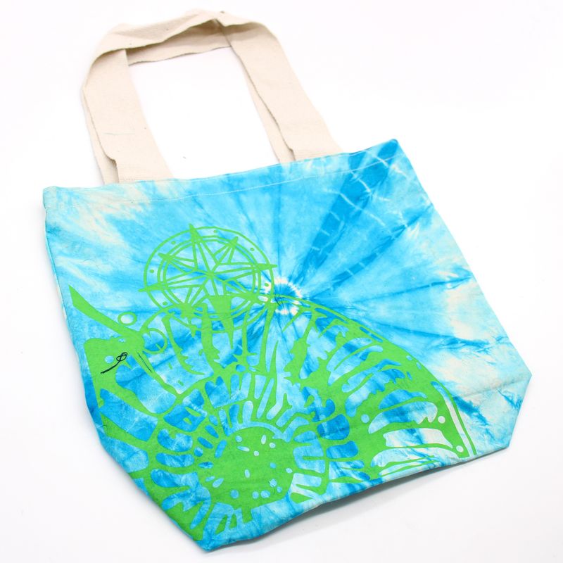 Batik-Baumwollbeutel (6oz) – 38x42x12cm – Muschel – Blau/Grün – Grüner Griff