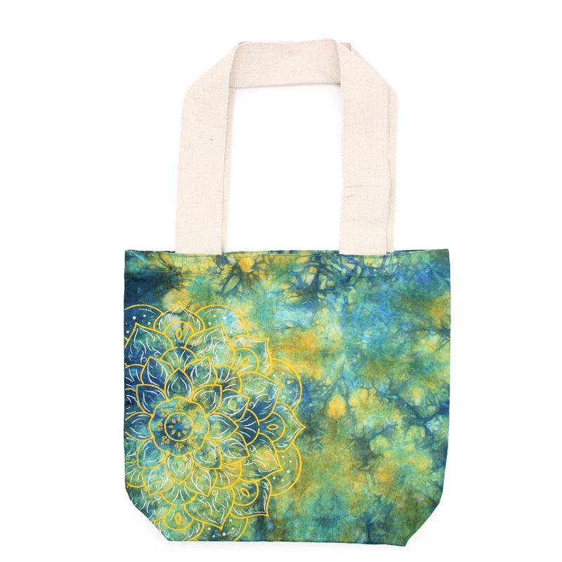 Batik-Baumwollbeutel (6oz) - 38x42x12cm - Mandela - Grün/Blau - Natürlicher Griff