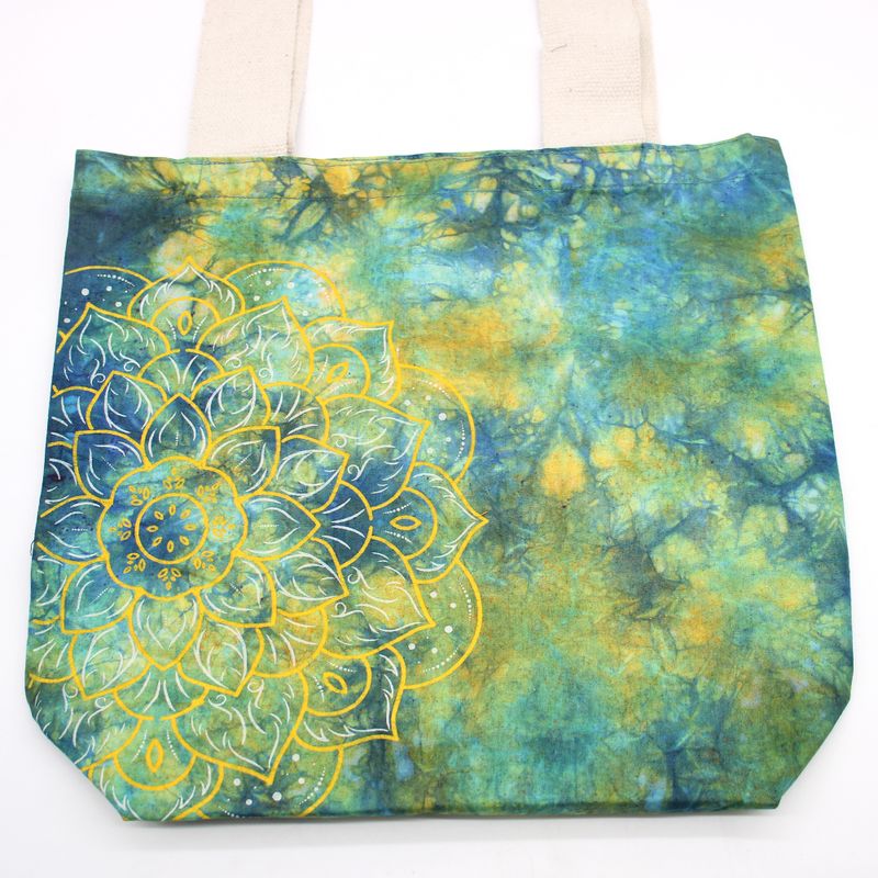 Batik-Baumwollbeutel (6oz) - 38x42x12cm - Mandela - Grün/Blau - Natürlicher Griff
