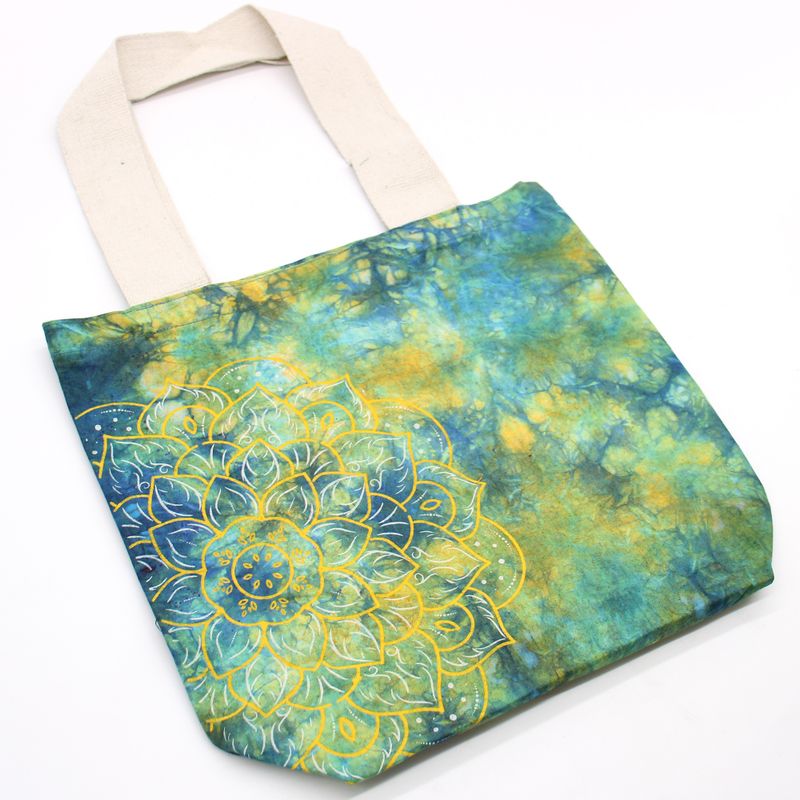 Batik-Baumwollbeutel (6oz) - 38x42x12cm - Mandela - Grün/Blau - Natürlicher Griff