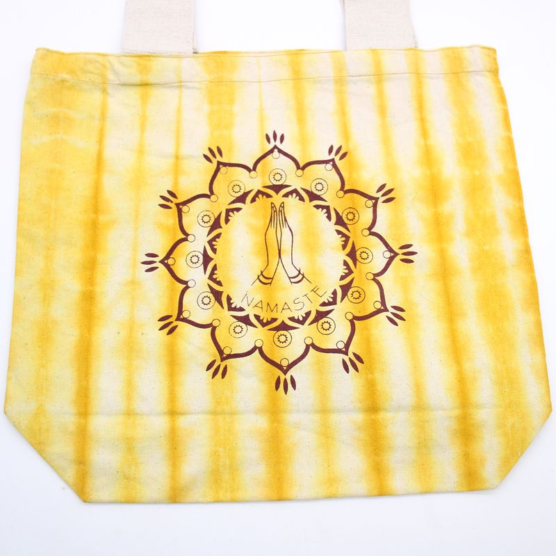 Batik-Baumwollbeutel (6 Unzen) – 38 x 42 x 12 cm – Namaste-Hände – Gelb – natürlicher Griff
