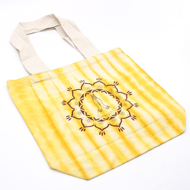 Batik-Baumwollbeutel (6 Unzen) – 38 x 42 x 12 cm – Namaste-Hände – Gelb – natürlicher Griff
