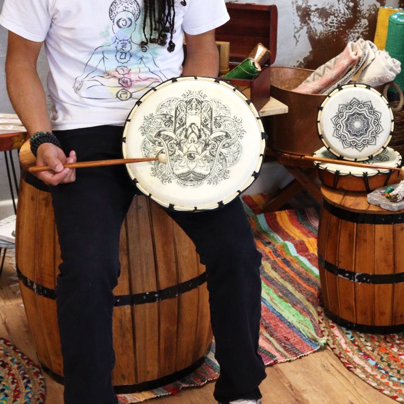 Hamsa-Schamanische Trommel mit zwei Stöcken – 30 cm
