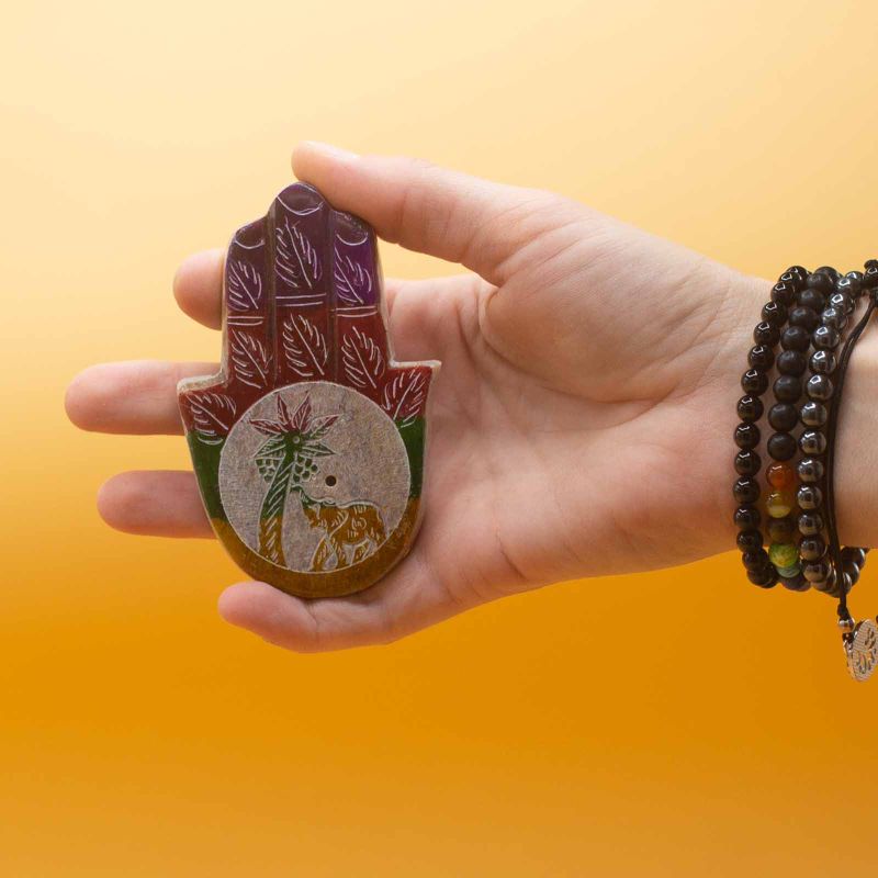 Hamsa-Räucherstäbchenhalter aus Speckstein, 9 x 6 cm – Elefant und Palme