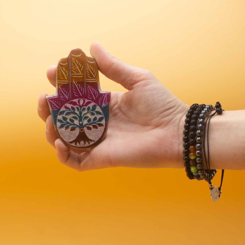 Hamsa-Räucherstäbchenhalter aus Speckstein, 9 x 6 cm – Baum des Lebens