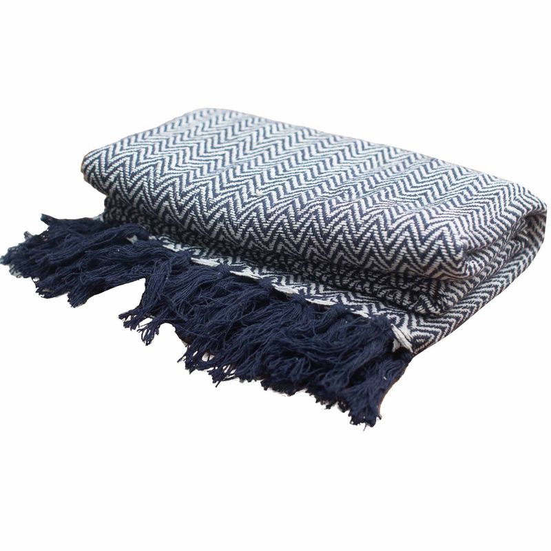 Boho-Komfortüberwürfe – 125 x 150 cm – Marineblaues Zickzackmuster